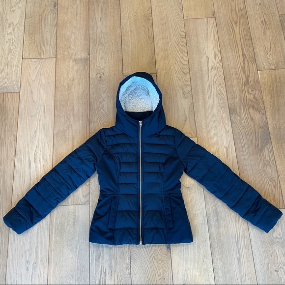 Navy Sherpa Lined Puffer Jacket with Hood - Picture 3 of 11